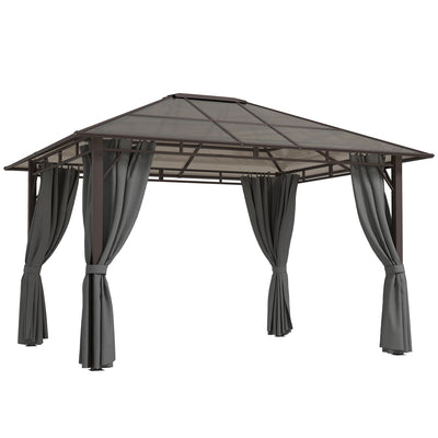 Outsunny 3 x 3.6m Hardtop Gazebo Canopy with Polycarbonate Roof Garden Pavilion with Removable Curtains and Steel Frame, Dark Grey 