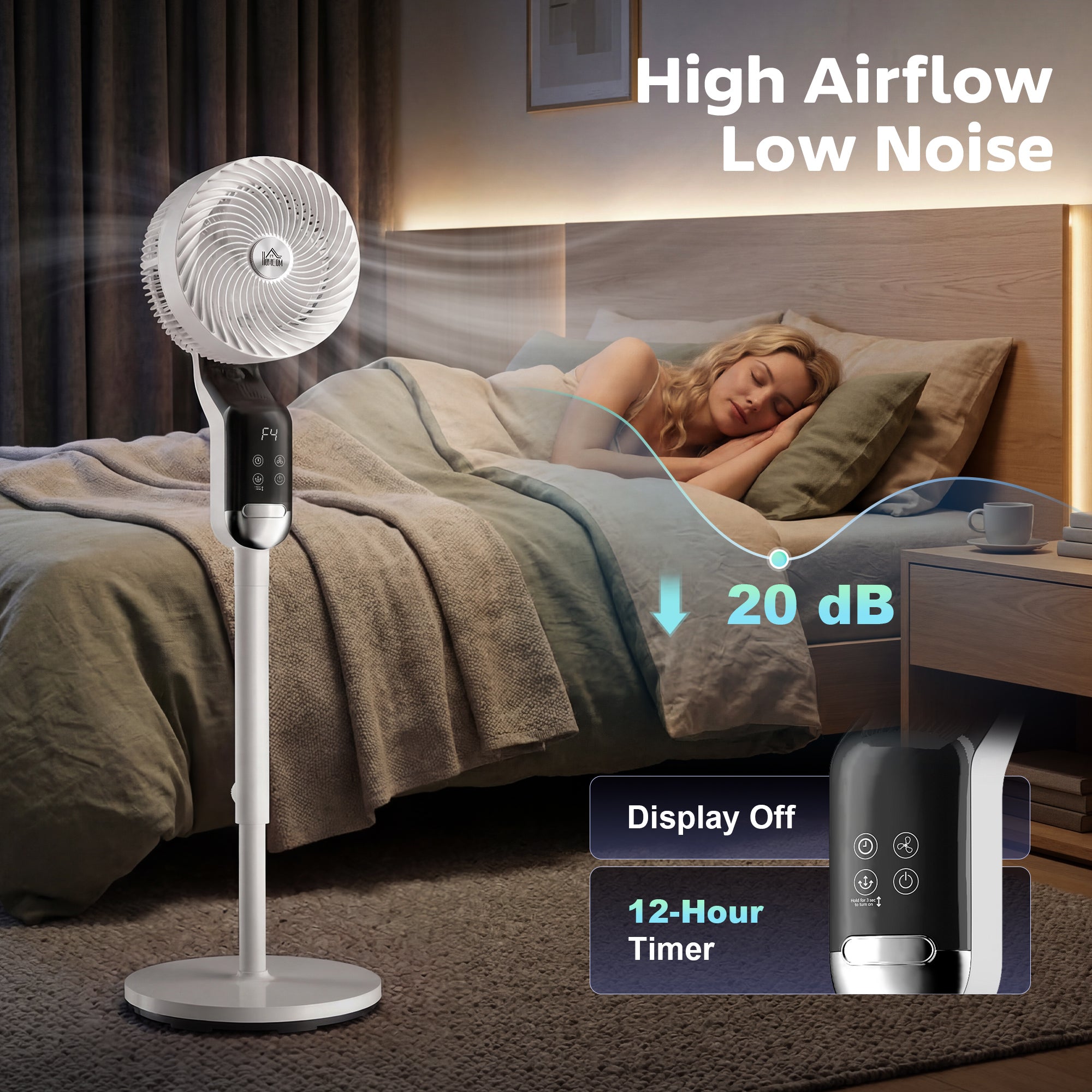 HOMCOM 20 dB Silent Standing Fan, 41in Pedestal Fan with Remote, Oscillating, 8 Speeds, Adjustable Height, 12H Timer 