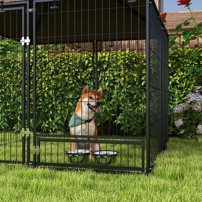 PawHut Outdoor Dog Kennel Puppy Play Pen with Canopy Garden Playpen Fence Crate Enclosure Cage Rotating Bowl 141 x 141 x 151 cm 