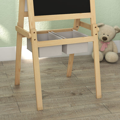 AIYAPLAY Kids Easel with Paper Roll, 3 in 1 Art Easel for Toddlers, Double-Sided Kids Whiteboard Blackboard with Storage Baskets for Ages 3-6 Years - Natural Wood Finish 