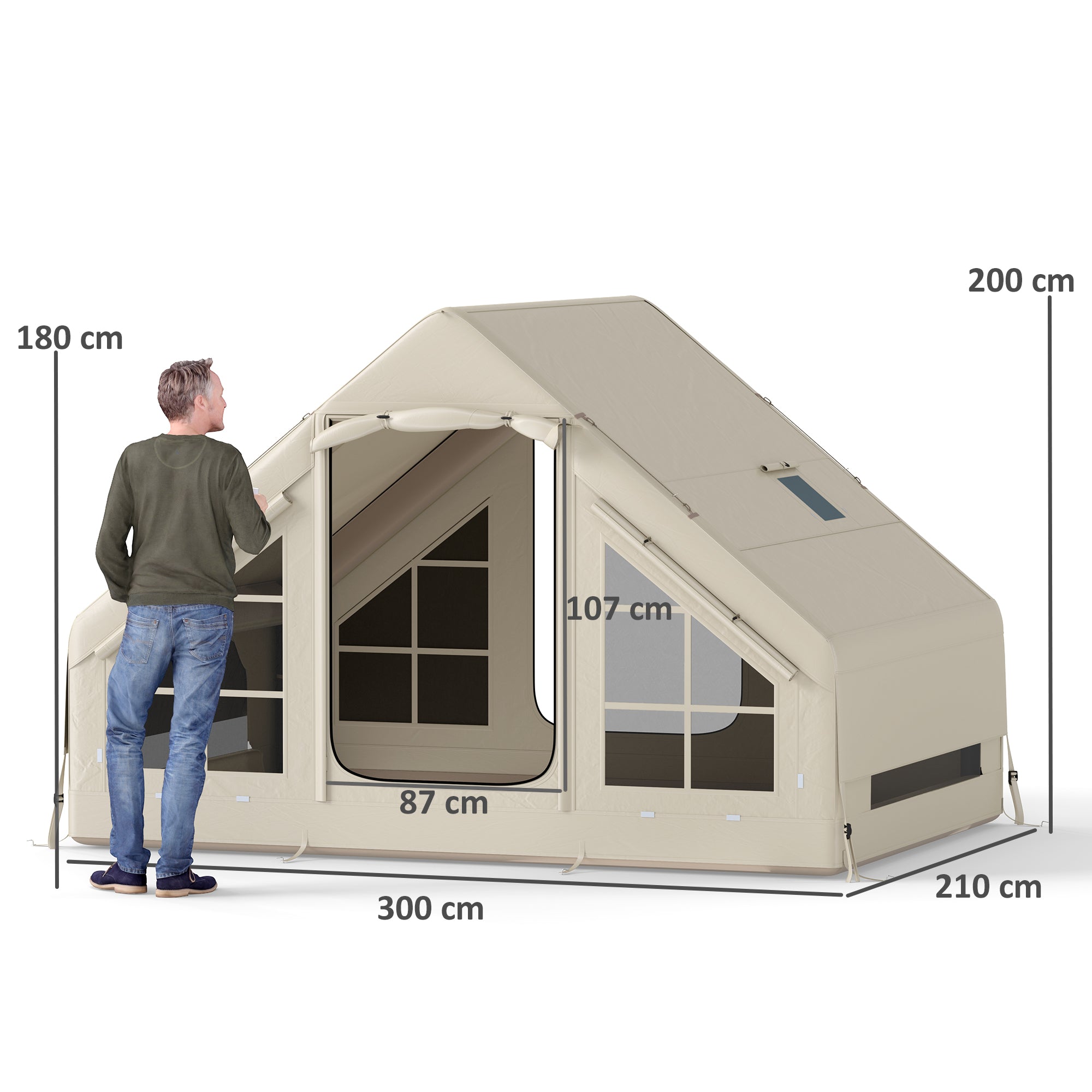 Outsunny Inflatable Camping Tent with Pump, Easy Setup 2-4 Person Blow Up Tent, Waterproof Luxury Inflatable Tent with Mesh Windows, Doors, Hook and Carry Bag, Beige 