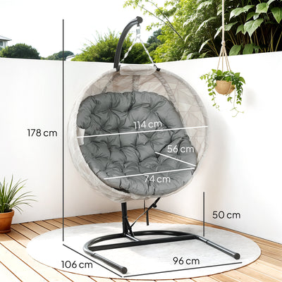 Outsunny Hanging Egg Chair Outdoor Indoor Garden Swing Chair with Folding Basket, Garden Hanging Chair with Stand, Thickened Cushion, Cup Holder for Patio, Balcony, Grey 
