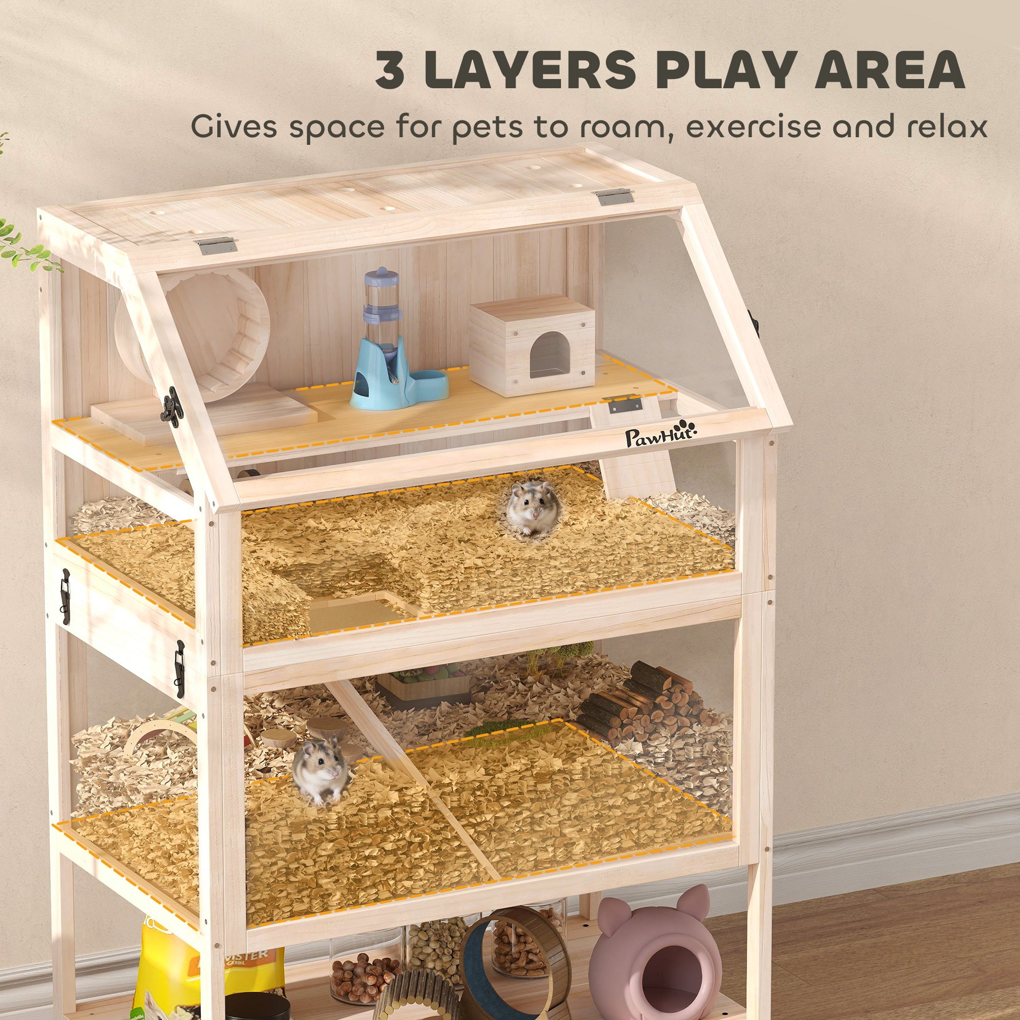 PawHut Wooden Hamster Cage with Detachable Lower Floor, Storage Shelf, Hut, Seesaw, Exercise Wheel, Ramps for Hamster 