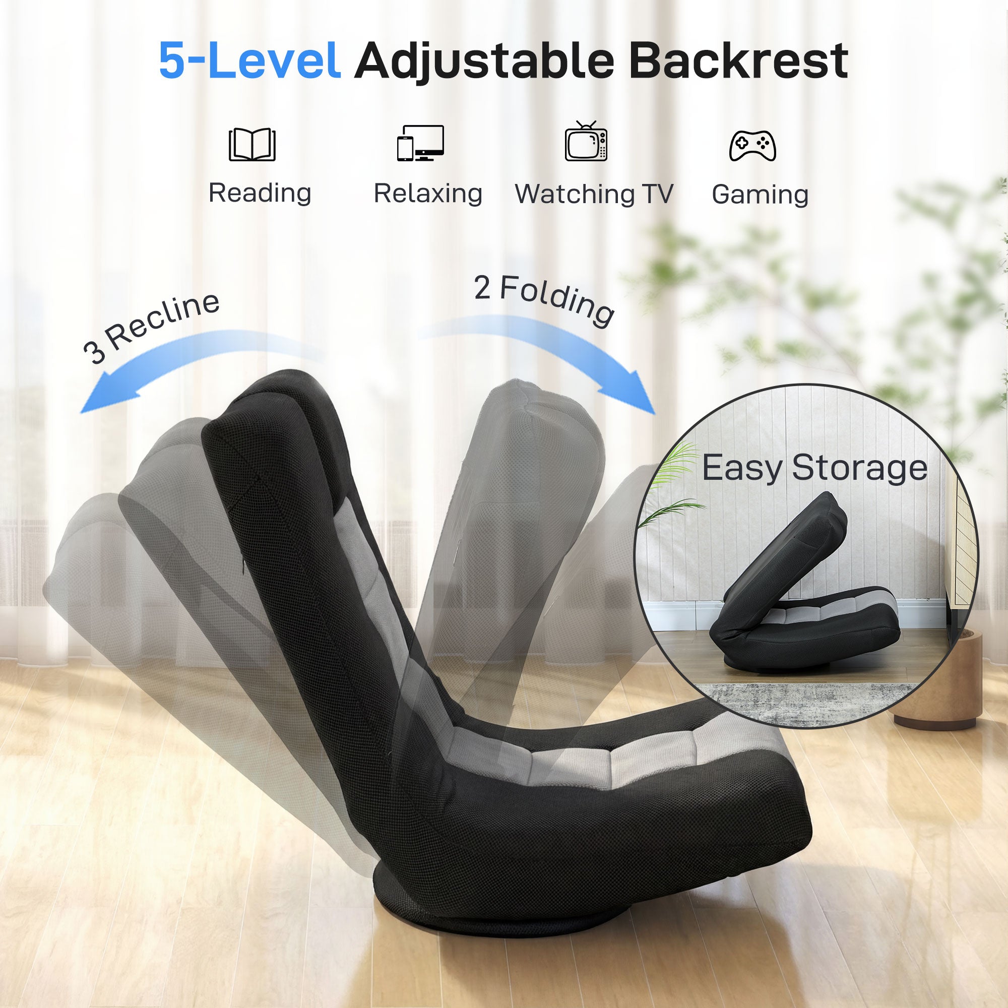 HOMCOM Floor Chair, Folding Floor Sofa with Adjustable Backrest, Wide Seat, Swivel Base, Black 