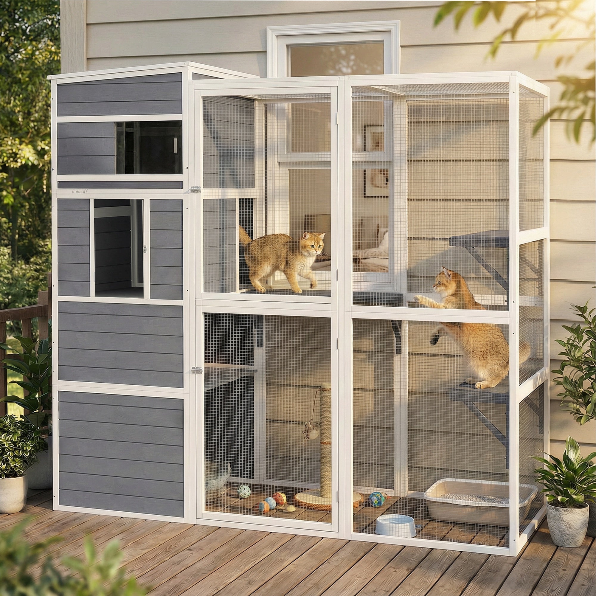 PawHut 4-Tier Wooden Catio Cat Outdoor Enclosure with Sun Roof, Resting Rooms, 3 Platforms, Window Outdoor Indoor, Grey 