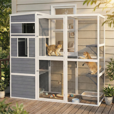 PawHut 4-Tier Wooden Catio Cat Outdoor Enclosure with Sun Roof, Resting Rooms, 3 Platforms, Window Outdoor Indoor, Grey 