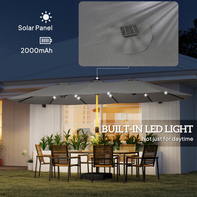 Outsunny Double Sided Garden Parasol with Base Included & 48 Solar LED Lights Patio Umbrella Crank Handle 4.6m Light Grey 