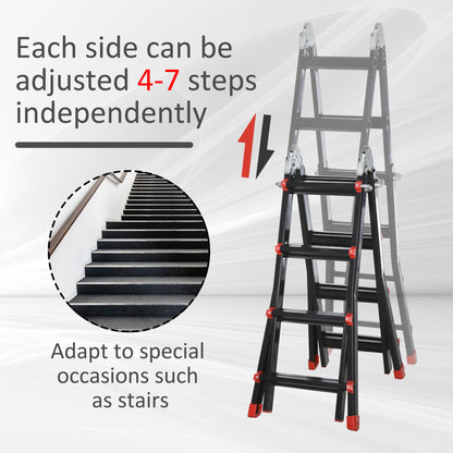 HOMCOM 4M Aluminium Duo Ladder Telescopic Herringbone Changeable Multi-Purpose w/ Non-Slip Steps Climbing DIY Platform Portable Workshop House Garden 