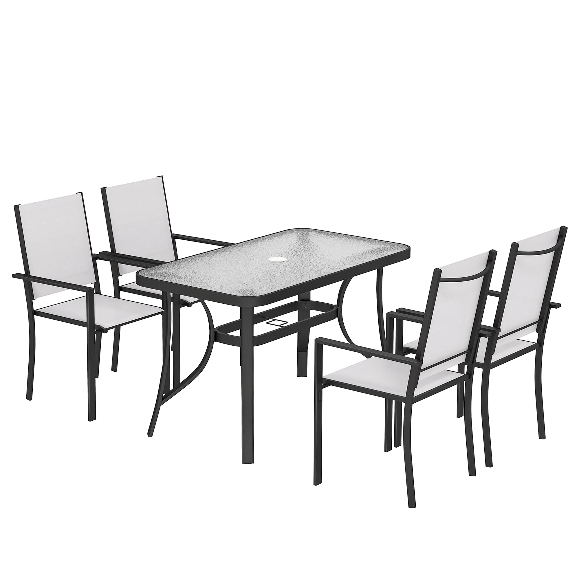 Outsunny Garden Dining Set for 4 with Umbrella Hole, Stackable Chairs and Rectangular Glass-Top Outdoor Table, Light Grey 