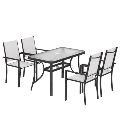 Outsunny Garden Dining Set for 4 with Umbrella Hole, Stackable Chairs and Rectangular Glass-Top Outdoor Table, Light Grey 