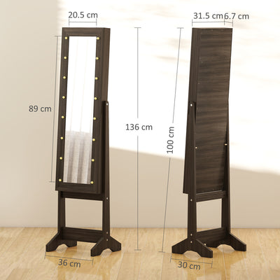 HOMCOM Free Standing Mirror Jewelry Cabinet with LED Lights, Jewellery Organiser with 3 Angle Adjustable, Full-Length Mirror with Storage for Earrings, Necklaces, Rings and Lipsticks, Dark Brown 