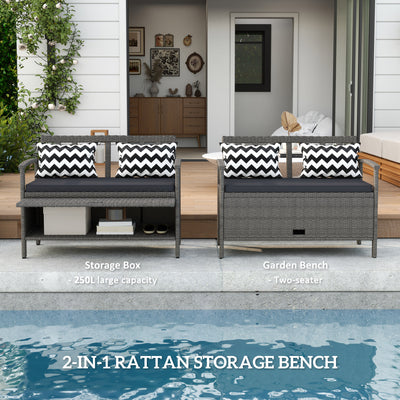 Outsunny 160L Storage Two-Seater Rattan Bench - Grey 