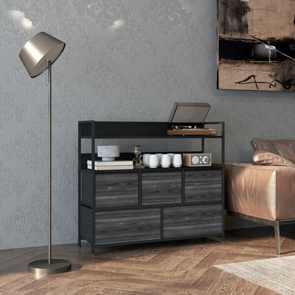 HOMCOM Rustic Chest of Five Fabric Drawers - Black 