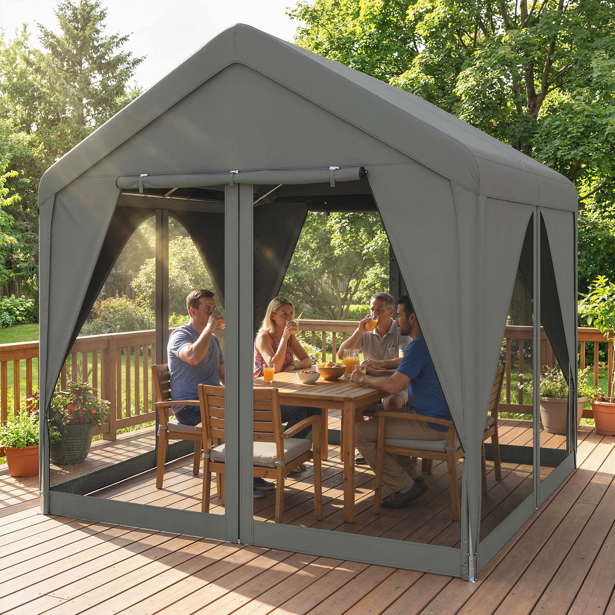 Outsunny 3 x 3 m Patio Gazebo with Netting & Curtains, Outdoor Canopy Shelter with Galvanised Steel Frame, Dark Grey 