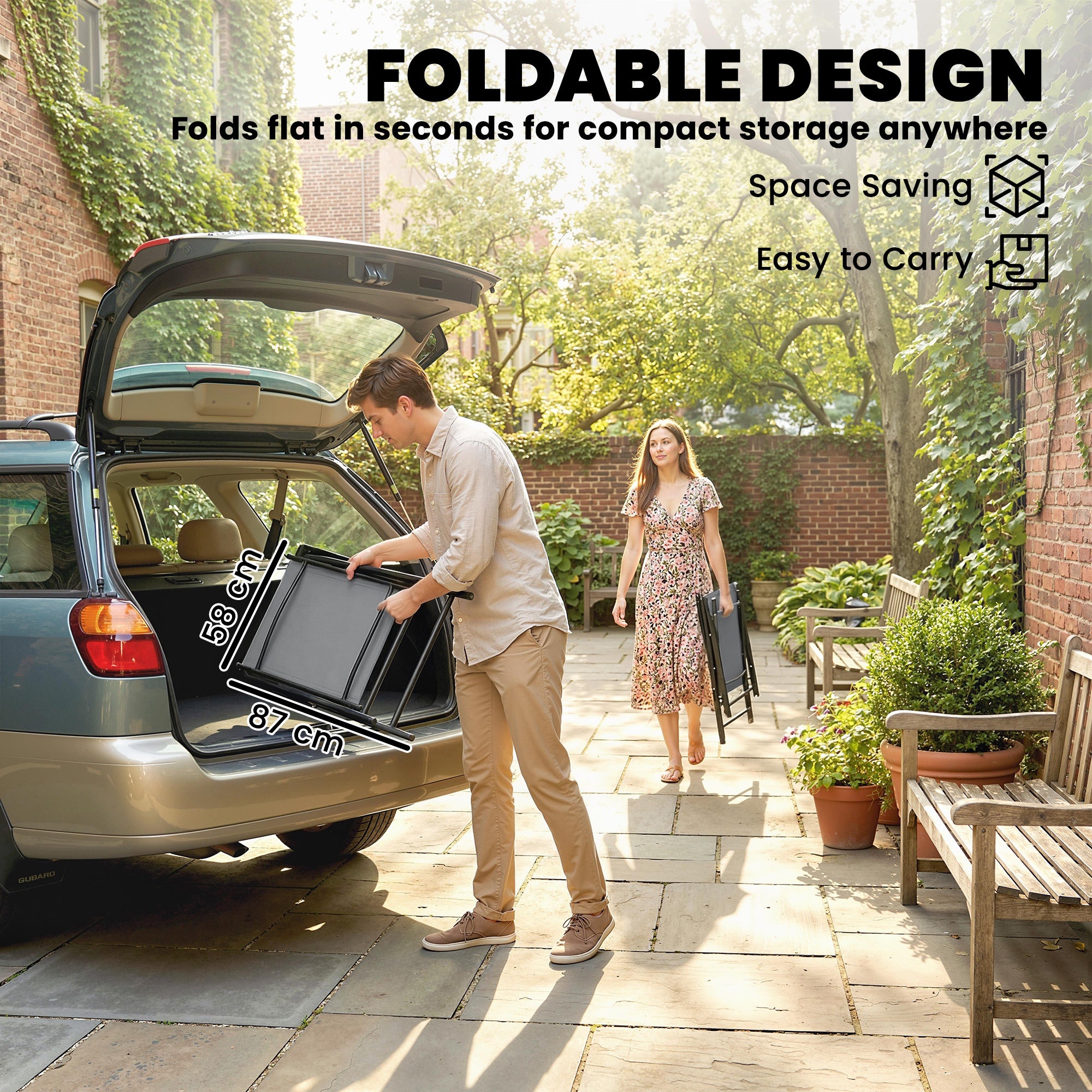 Outsunny Folding Garden Chairs Set of 2, Foldable Garden Dining Chairs with High Back, Armrests, Texteline Seat, Light Grey 
