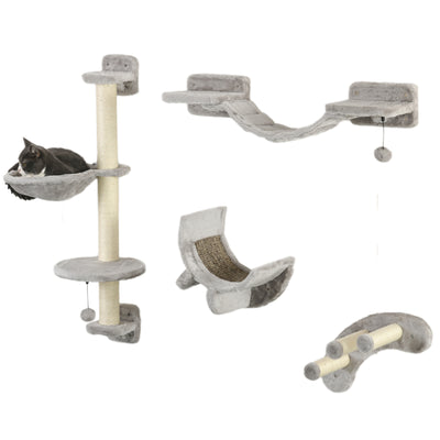 PawHut Four-Piece Cat Wall Furniture, with Hammock, Ladder, Platforms, Steps, for Indoor Use - Grey 