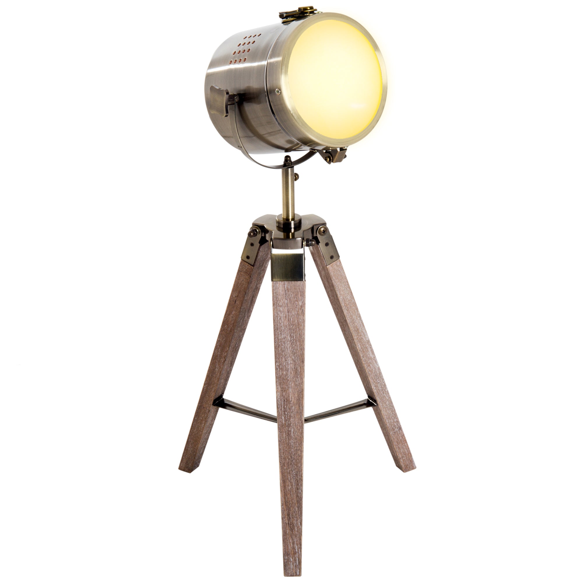 HOMCOM Vintage Tripod Table Desk Lamp Bedside Light Spotlight Brass Antique Searchlight Wooden Base 