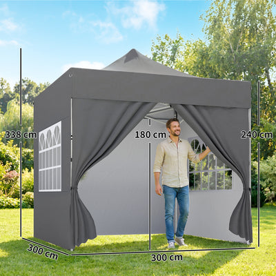 Outsunny 3 x 3 m Pop Up Gazebo with Sidewalls, UPF50+ Heavy Duty Garden Party Tent Marquee with Wheeled Carry Bag, Dark Grey 