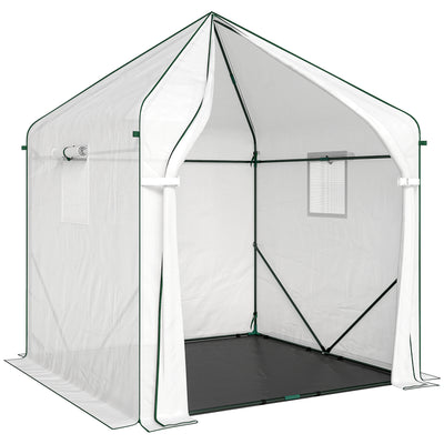 Outsunny Walk-in Greenhouse for Outdoors with Steel Frame, Large Plant House with Roll-up Door and PE Ground Cover, White 