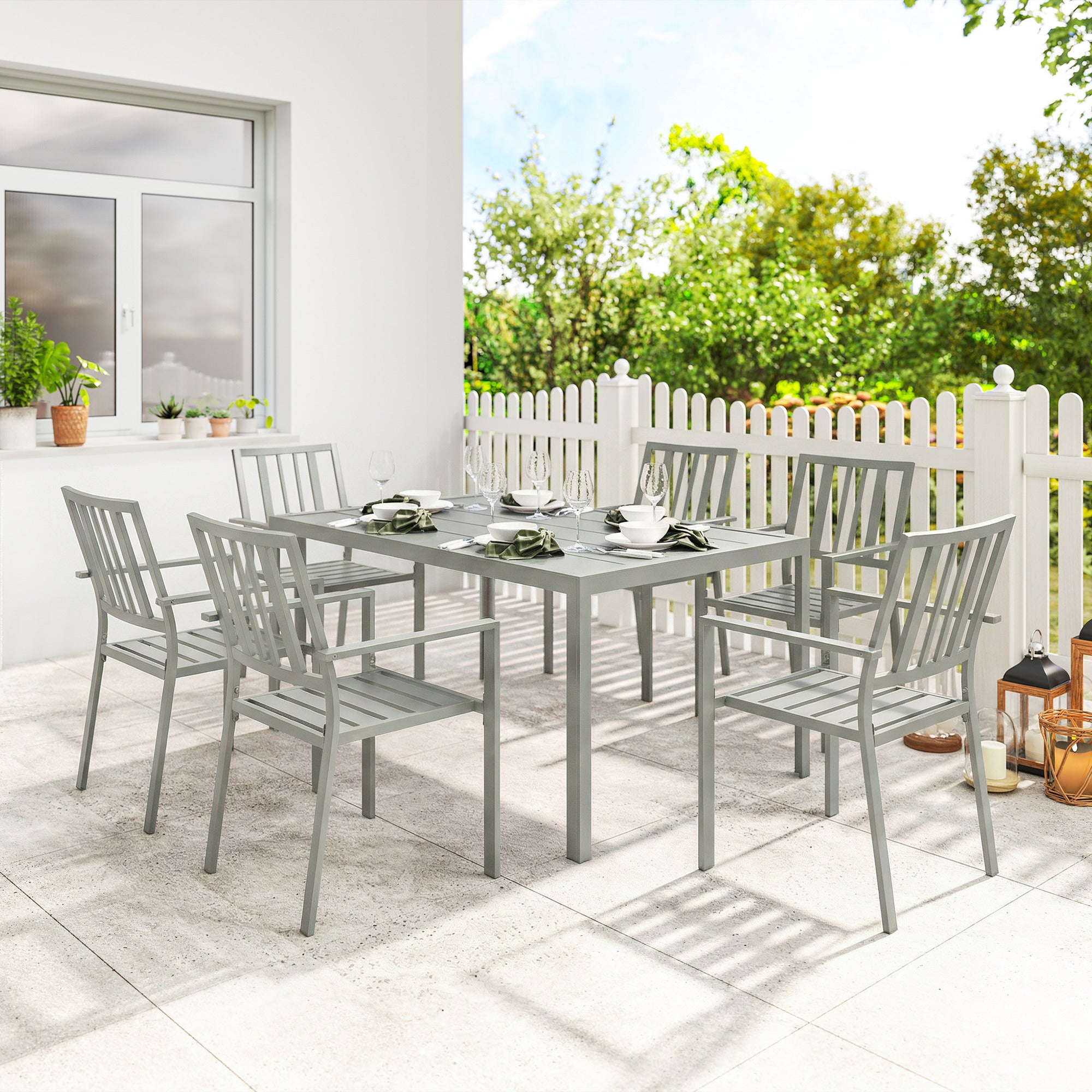 Outsunny Garden Table and Chairs for 6, 7 Pieces Garden Furniture Set with Table, 6 Stackable Chairs and Umbrella Hole Light Grey 