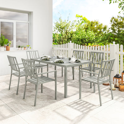 Outsunny Garden Table and Chairs for 6, 7 Pieces Garden Furniture Set with Table, 6 Stackable Chairs and Umbrella Hole Light Grey 