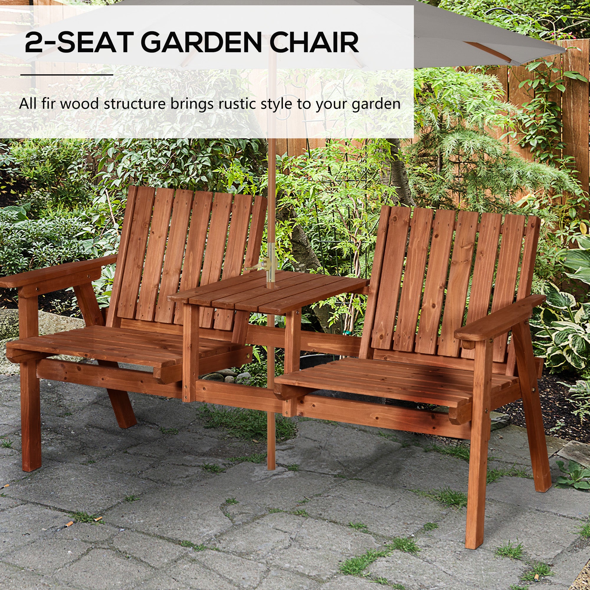 Outsunny 2-Seater Fir Wood Bench w/ Centre Table 