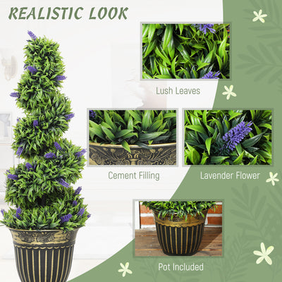 HOMCOM Set of 2 Decorative Artificial Plants, Boxwood Spiral Topiary Tree with Lavender and Pot, Fake Plants for Home Indoor Outdoor Decor, 90cm 