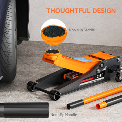 HOMCOM 2.5 Ton Hydraulic Low-Profile Floor Jack, with 7.5-47cm Lifting Range, Wheels, Orange 