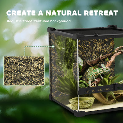 PawHut Reptile Glass Terrarium with Stone Background, Front Ventilation, Escape-Proof Knob Lock, 30 x 30 x 30 cm, Black 