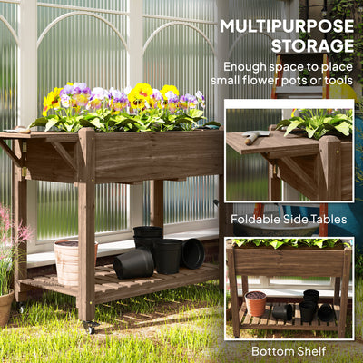 Outsunny Raised Garden Bed, Wooden Elevated Planter Box with Lockable Wheels, Side Tables and Bottom Shelf, Outdoor Planter with Liner and Drainage Holes for Vegetables, Flowers, Fruits, Carbonised 