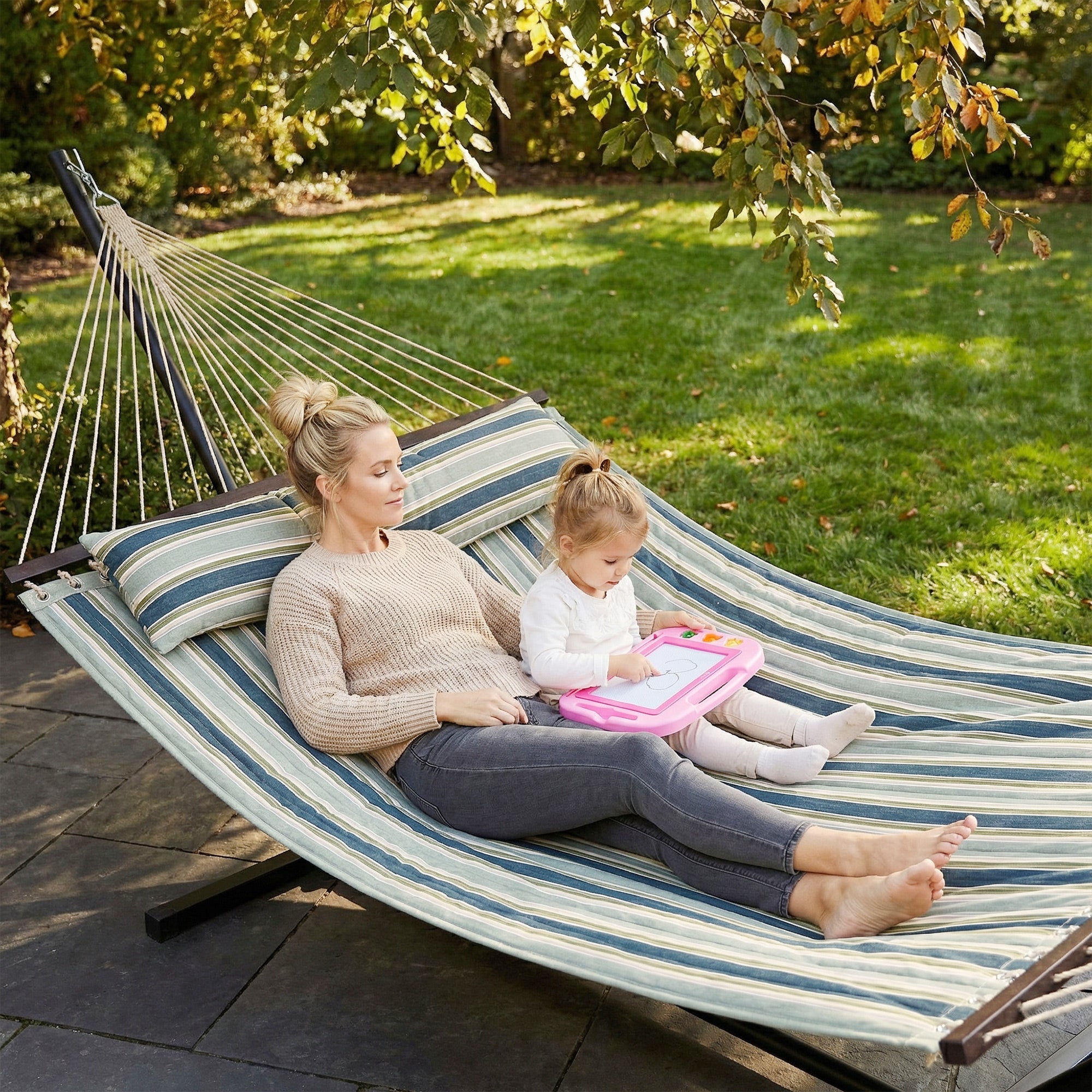 Outsunny Outdoor Hammock with Stand Detachable Pillow Striped Swing Steel Frame, for Garden, Patio, Green 