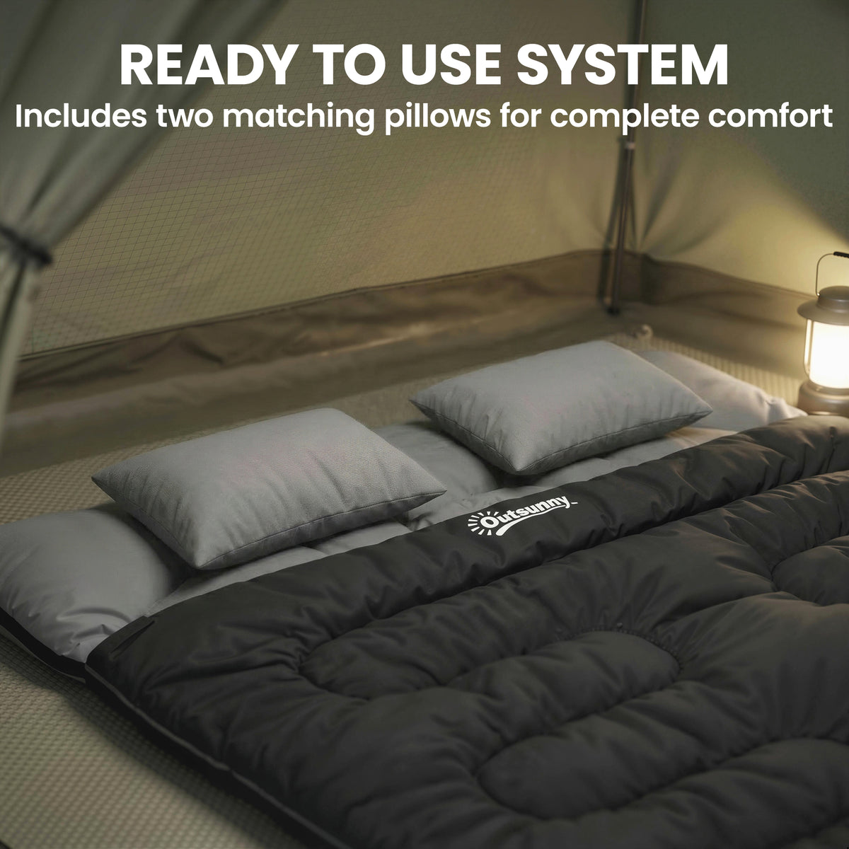 Outsunny Double Sleeping Bag with 2 Pillows, 220 x 160 cm Extra-Large Sleeping Bag for Adults, Black 