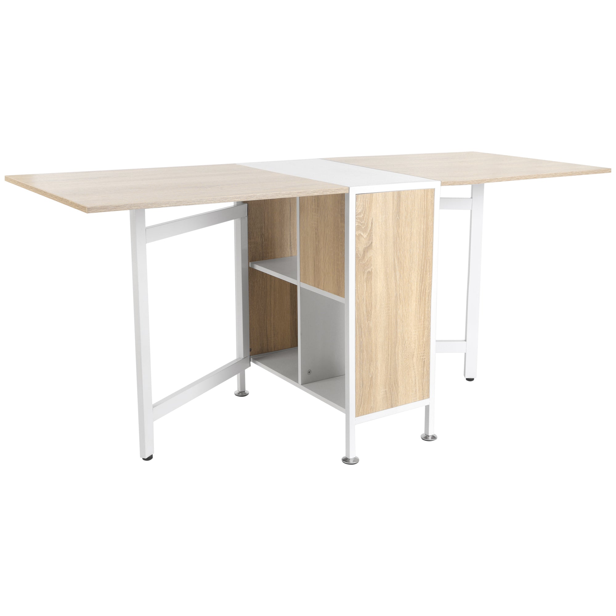 HOMCOM Foldable Drop Leaf Dining Table Folding Workstation for Small Space with Storage Shelves Cubes Oak & White 