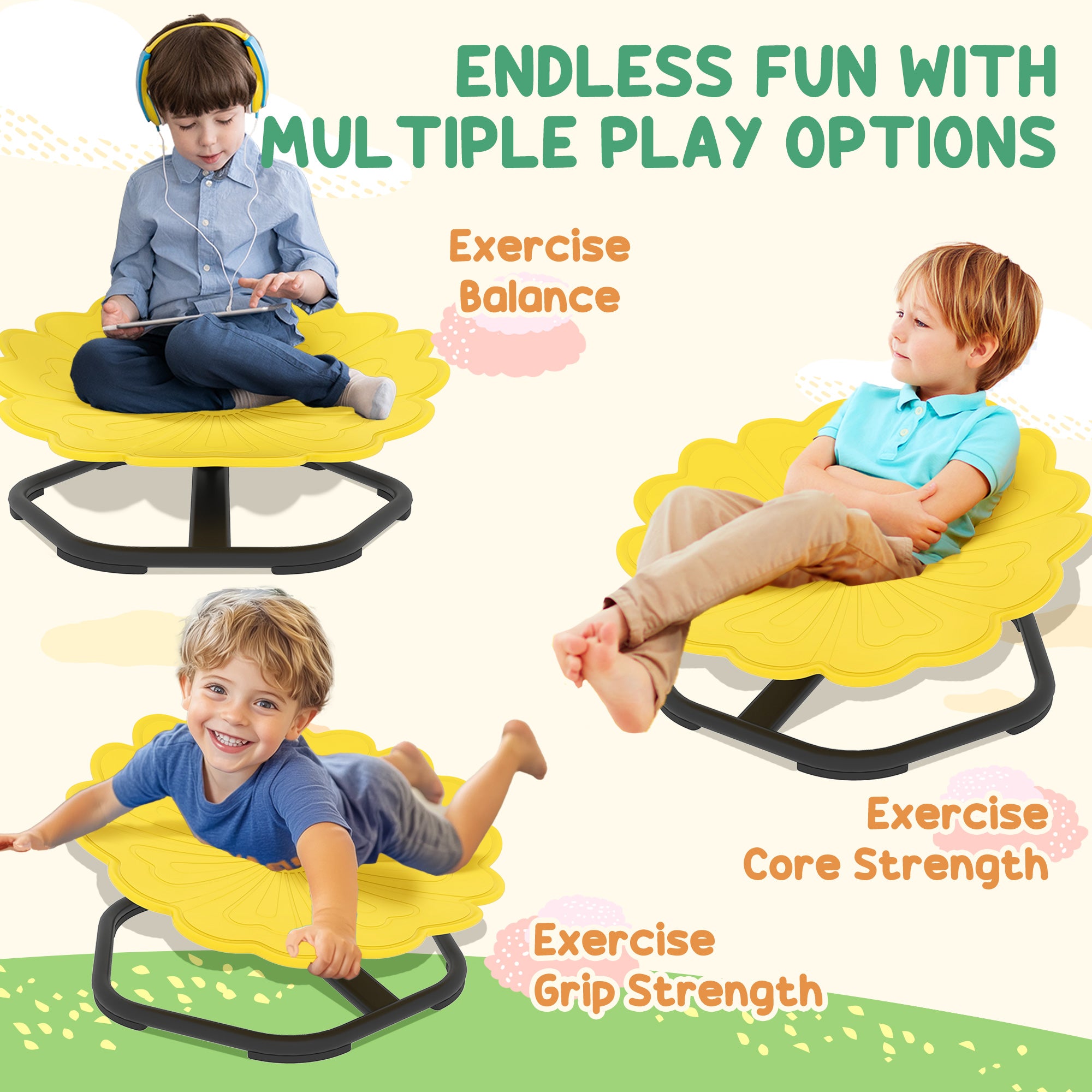 AIYAPLAY Flower-Shaped Sensory Spinning Chair with Non-Slip Base for Balance/Coordination, Yellow