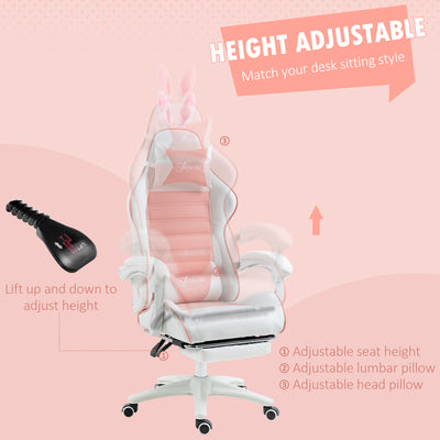 Vinsetto Racing Gaming Chair, Reclining PU Leather Computer Chair with Removable Rabbit Ears, Footrest, Headrest and Lumber Support, Pink 