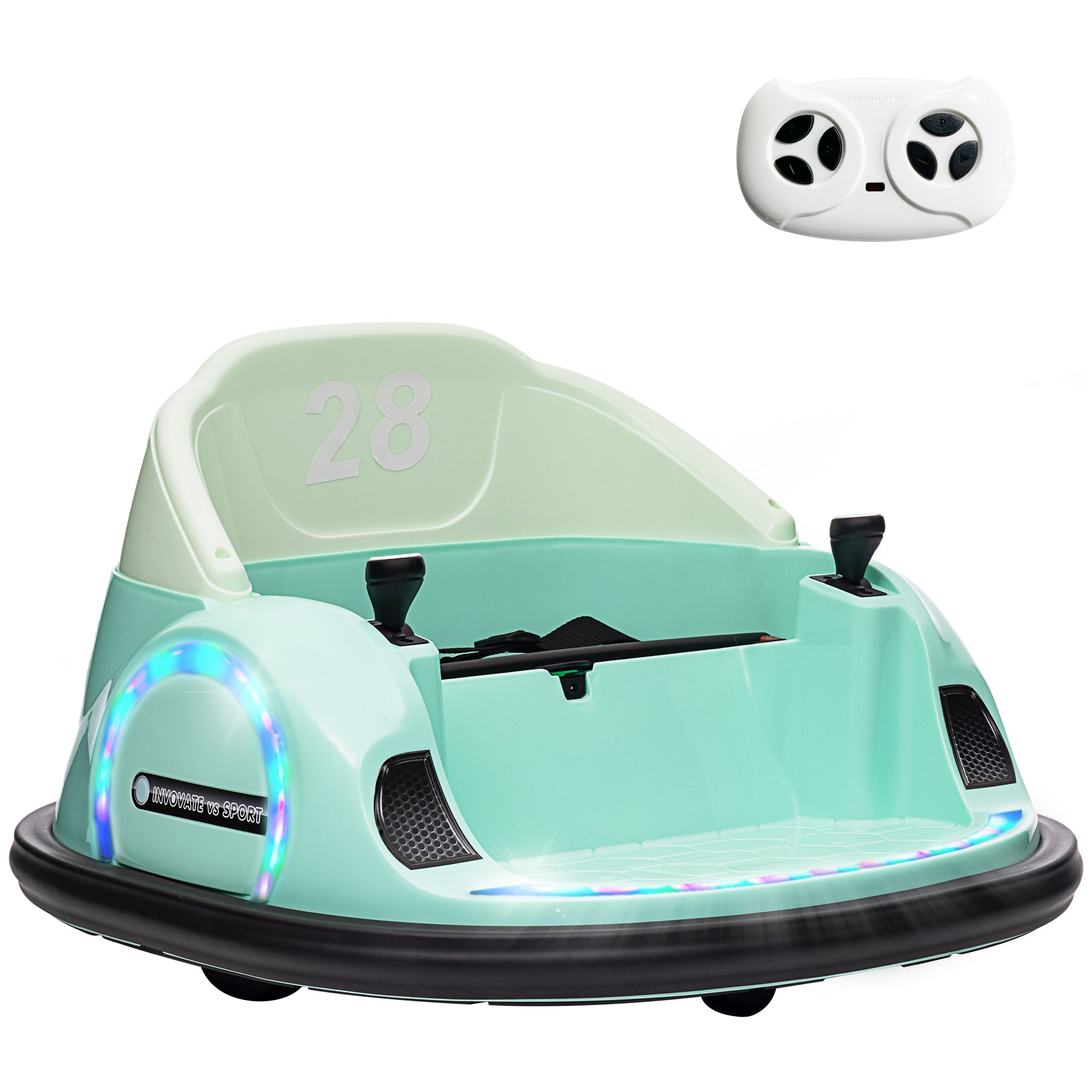 AIYAPLAY 360\'c2\'b0 Rotation Kids Bumper Car, 12V Waltz Car with Remote Control, Dual Joystick, Music, Lights, Green 