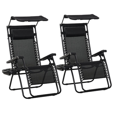 Outsunny 2 Piece Foldable Reclining Garden Chair with Headrest, Zero Gravity Deck Sun Lounger Seat Chair with Footrest, Armrest, Cup Holder & Canopy Shade, Black 