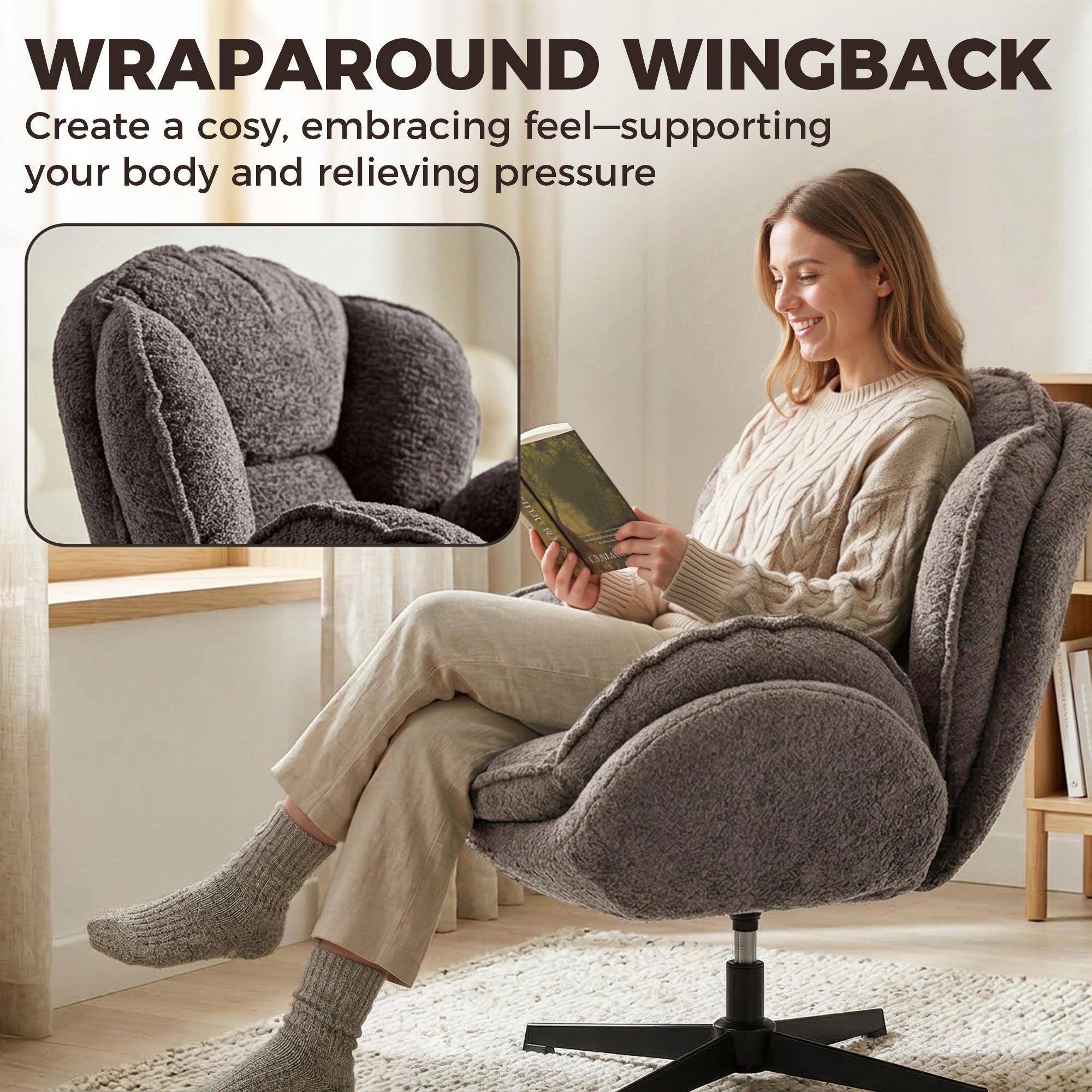 HOMCOM Modern Wingback Accent Chair, Velvet Armchair with Four-Star Base, S-Springs, Swivel, Grey 