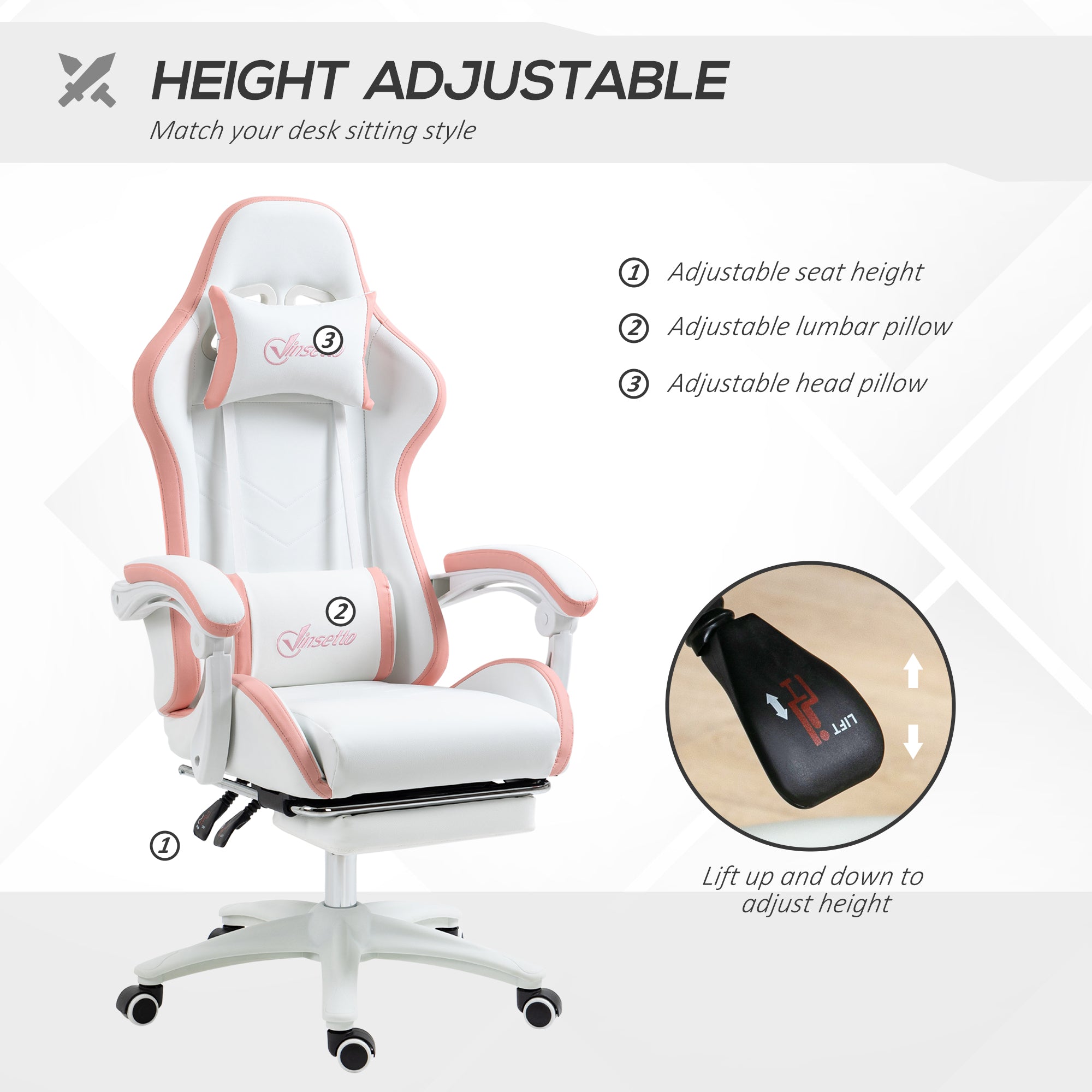 Vinsetto Computer Gaming Chair, PU Leather Desk Chair with Footrest, Swivel Task Chair with 135\'c2\'b0 Reclining Back and Lumbar Support, PC Chair for Adults, White and Pink