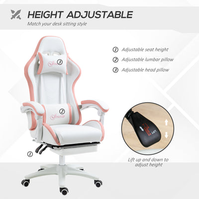 Vinsetto Computer Gaming Chair, PU Leather Desk Chair with Footrest, Swivel Task Chair with 135\'c2\'b0 Reclining Back and Lumbar Support, PC Chair for Adults, White and Pink 