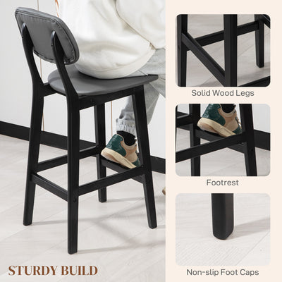 HOMCOM Bar Stools Set of 2, Contemporary Breakfast Bar Chairs, Faux Leather Upholstered Kitchen Stools with Backs and  Solid Wood Legs, Dark Grey 