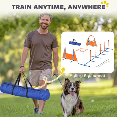 PawHut 7-Piece Dog Agility Equipment Set with Weave Poles, Jump Ring and Hurdle, Pause Box and Carry Bag, Orange 