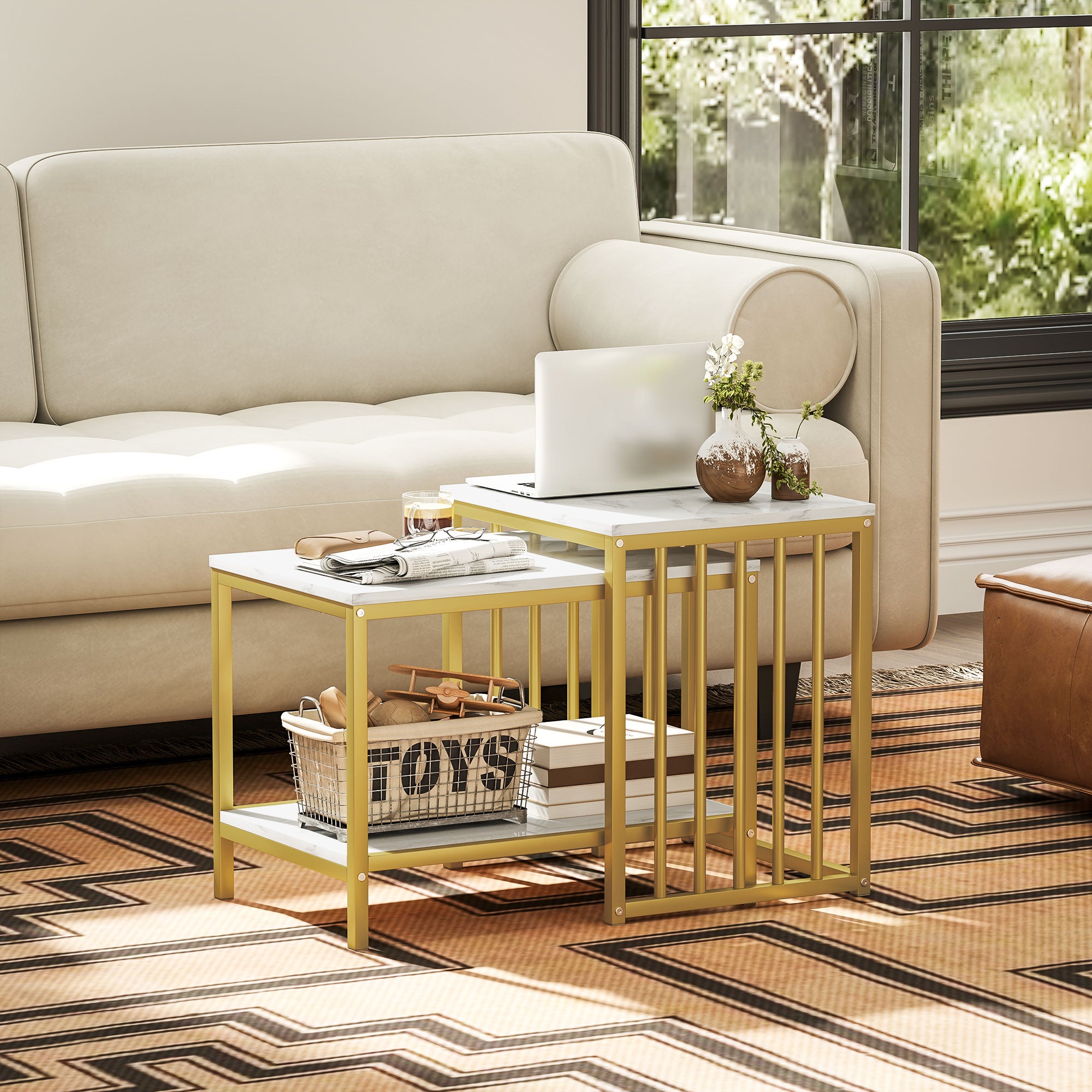 HOMCOM Modern Coffee Table Set of Two, Marble-Effect Nesting Side Tables with Steel Frame for Living Room, Gold Tone 