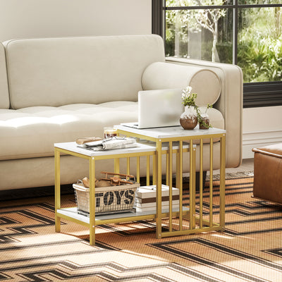 HOMCOM Modern Coffee Table Set of Two, Marble-Effect Nesting Side Tables with Steel Frame for Living Room, Gold Tone 