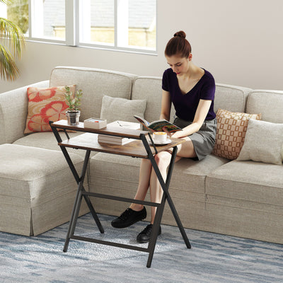 HOMCOM 70 cm Folding Computer Desk with Monitor Shelf - Rustic Brown 