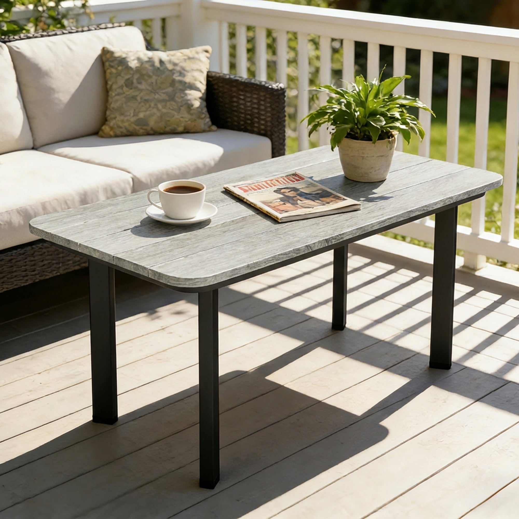 Outsunny Outdoor Garden Coffee Table, Garden Table with Slatted Wood Plastic Composite Top and Metal Frame, Grey 