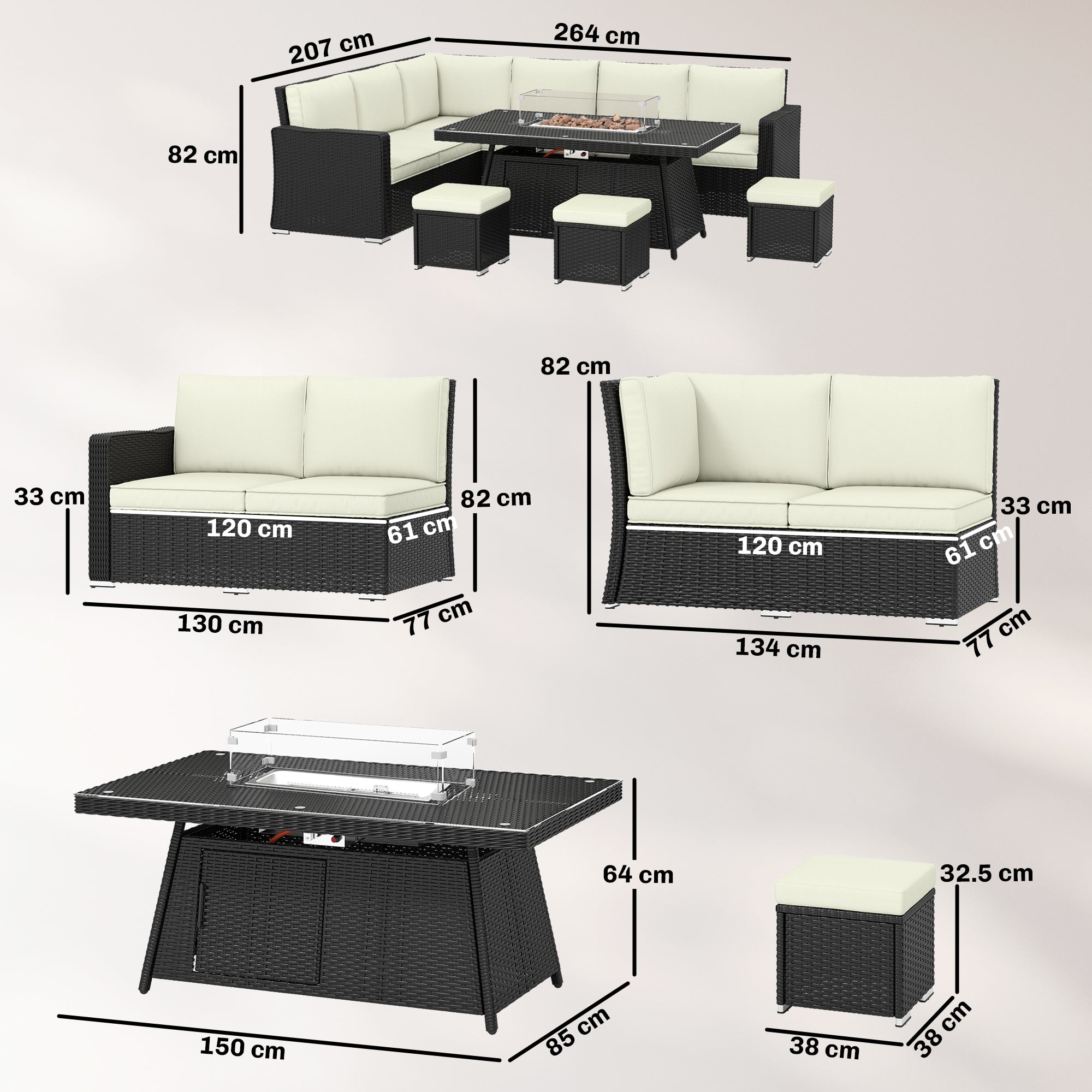Outsunny 7 Pieces PE Rattan Garden Furniture Set, 50,000 BTU Gas Fire Pit Table, Double Corner Sofa and 3 Footstools 