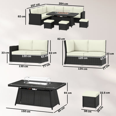 Outsunny 7 Pieces PE Rattan Garden Furniture Set, 50,000 BTU Gas Fire Pit Table, Double Corner Sofa and 3 Footstools 
