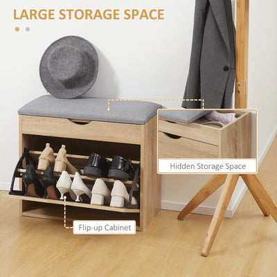 HOMCOM Shoe Bench with Cushion for 4 Pair of Shoes, Storage Bench with Padded Seat, Flip-up Cabinet and Hidden Space for Entryway, Natural 