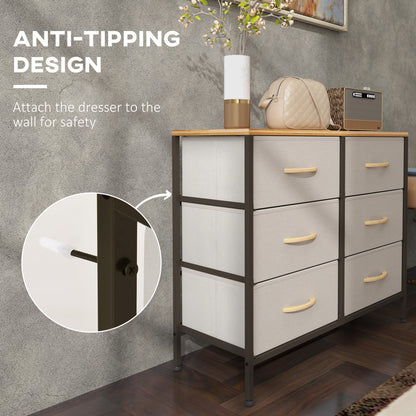 HOMCOM Fabric Chest of Drawers, Storage Drawers, Industrial Bedroom Dresser with 6 Fabric Drawers, Steel Frame and Wooden Top for Nursery, Living Room, Hallway, Cream White 
